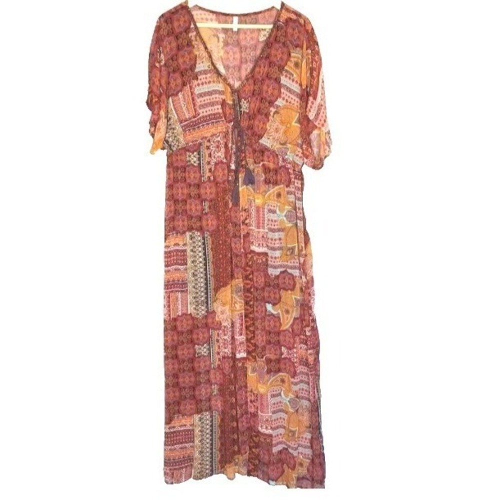 Xhilaration Womens Boho Patchwork Maxi Dress Burgundy Orange Tassel V-Neck M